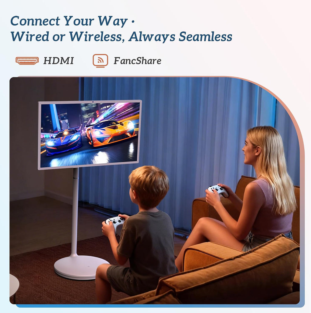 32' Smart Portable TV on Wheels, UHD Touch Screen Rolling TV, 16GB RAM + 128GB Storage, Powerful Qualcomm Snapdragon CPU, Android 14 EDLA Certified, Supports Google Play with 10000+ Apps