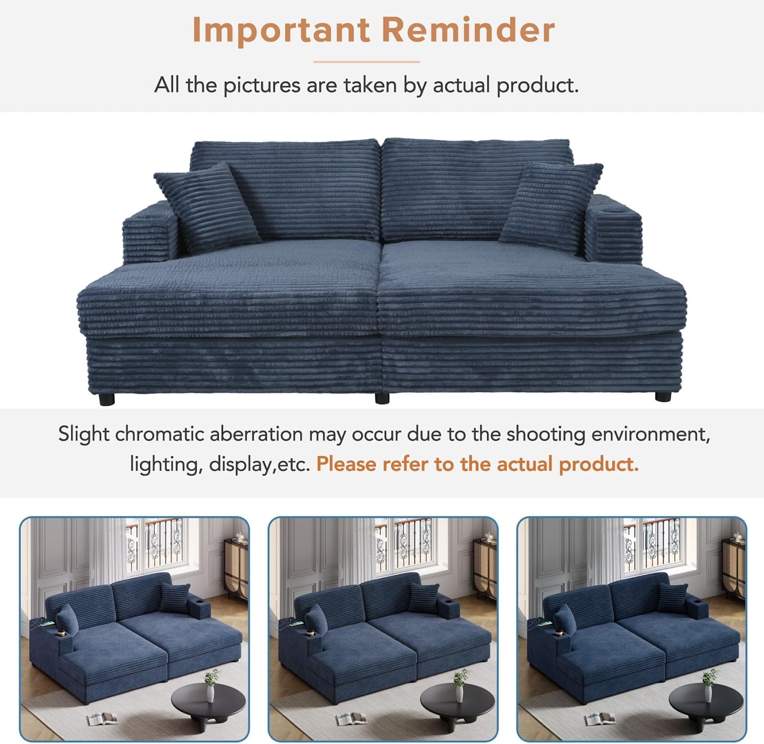 Merax 86.5' W*62' L Oversized Sleeper Sofa Bed, Corduroy Upholstery Sectional Couch Loveseat Chaise Lounge with 2 Throw Pillows, USB Ports, Cup Holders for Living Room and Bedroom, Blue