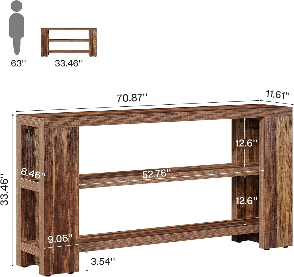 Tribesigns 70.9-Inch Extra Long Console Table with Storage, Narrow Wooden Sofa Table Behind The Couch, Farmhouse 3-Tier Entry Foyer Table for Entryway, Living Room, Hallway, Brown