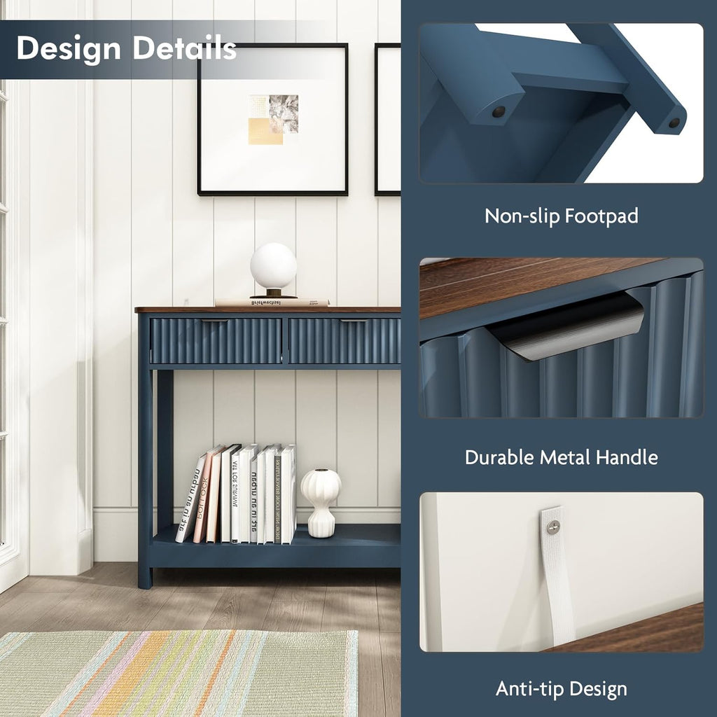 HOKYHOKY Fluted Console Table with Drawers, Modern 47.1' Entryway Table with Storage Shelf, Boho Narrow Skinny Behind Couch Wood Sofa Table for Living Room Hallway Entrance Foyer, Blue