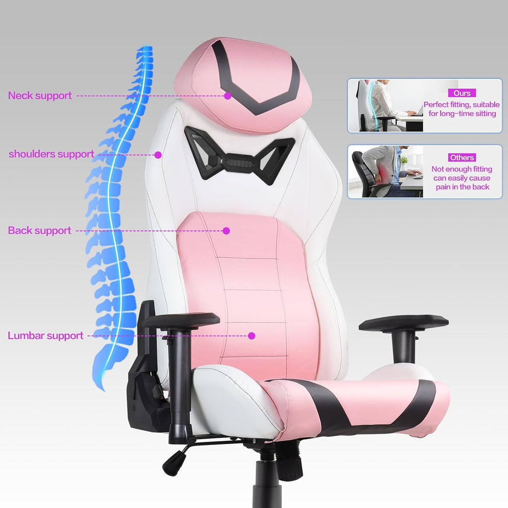 Modern-Depo Ergonomic Gaming Chairs for Adults with High-Density Memory Foam | Swivel Comfortable Office Chair, Big and Tall Video Game Chair, High Back Computer Chair for Home, Office, Pink White