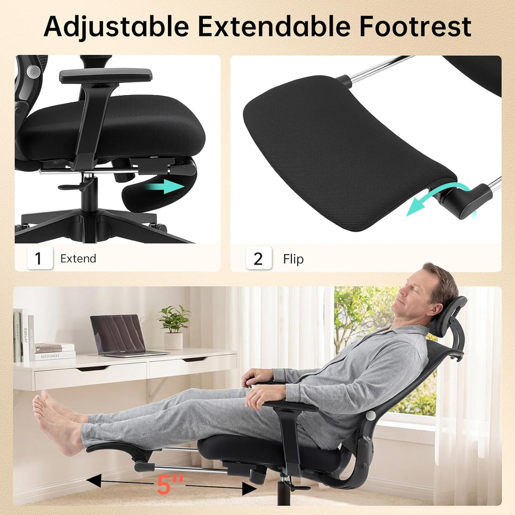 Foldable Office Chair with Foot Rest, Ergonomic Office Chair with Adjustable Lumbar Support, Headrest, Armrest, Home Office Desk Chairs for Space Saving, Work from Home, Black