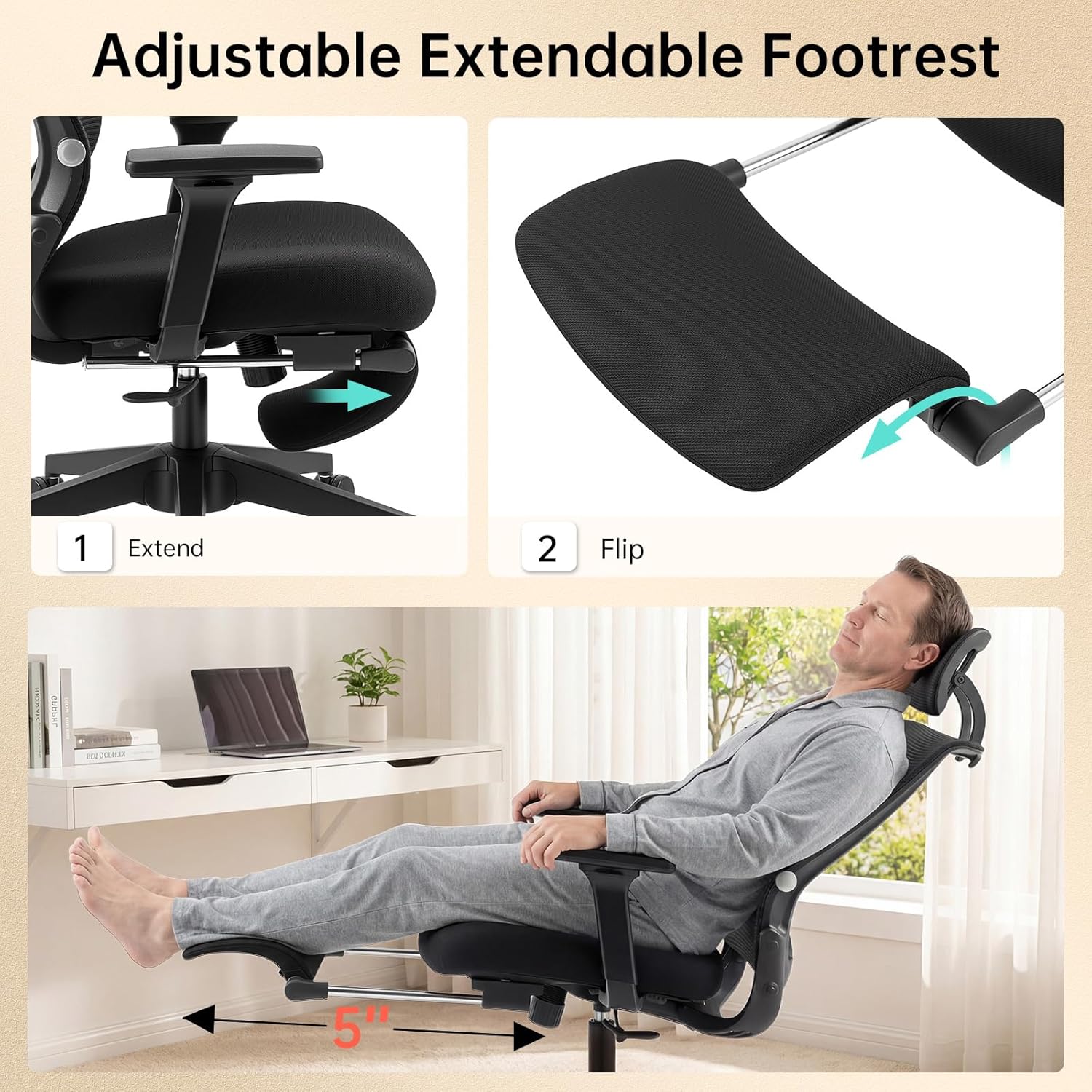 Foldable Office Chair with Foot Rest, Ergonomic Office Chair with Adjustable Lumbar Support, Headrest, Armrest, Home Office Desk Chairs for Space Saving, Work from Home, Black
