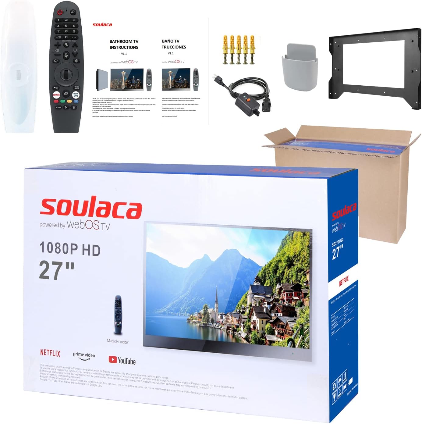 Soulaca 27 inch Bathroom Smart Mirror LED TV Shower Waterproof IP65 with Alexa Built-in Full HD ATSC Tuner Wi-Fi & Bluetooth webOS Model 2026