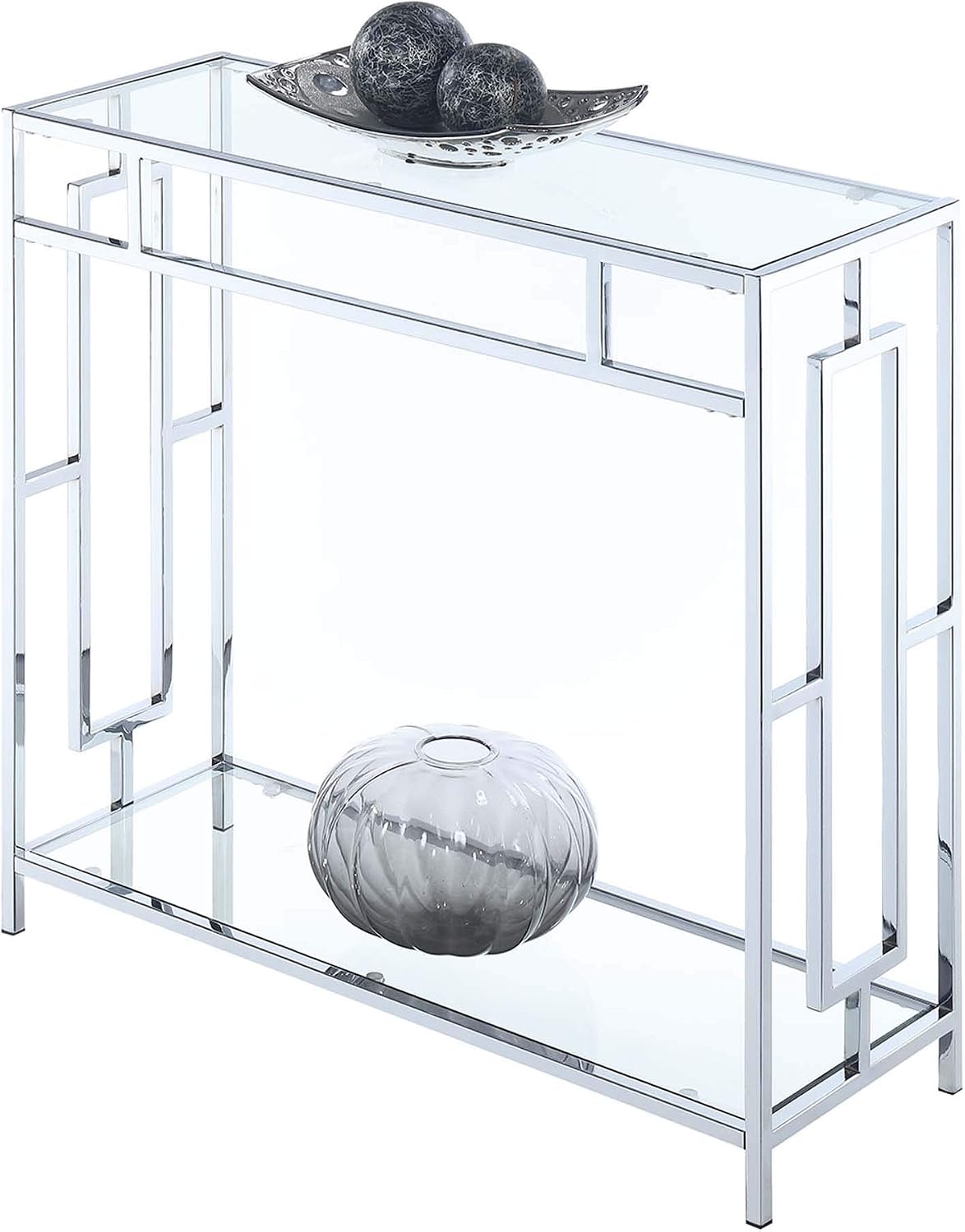 Convenience Concepts Town Square Chrome Glass Hall Table 31.5' - Modern Sofa Table with Storage Shelf, Entryway Table for Living Room, Bedroom, Bathroom, Glass/Chrome
