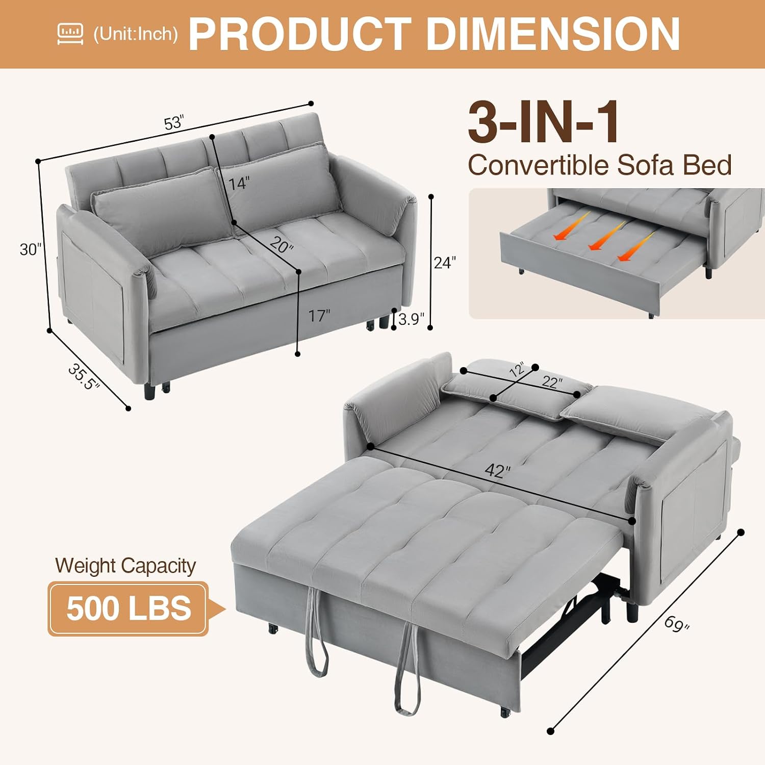 CAPCAEK 3 in 1 Convertible Sleeper Sofa Bed, Modern Velvet Loveseat Pull-Out Couch w/Pullout Bed, Small Love Seat Lounge Sofa w/Reclining Backrest,Toss Pillows, Pockets, for Living Room