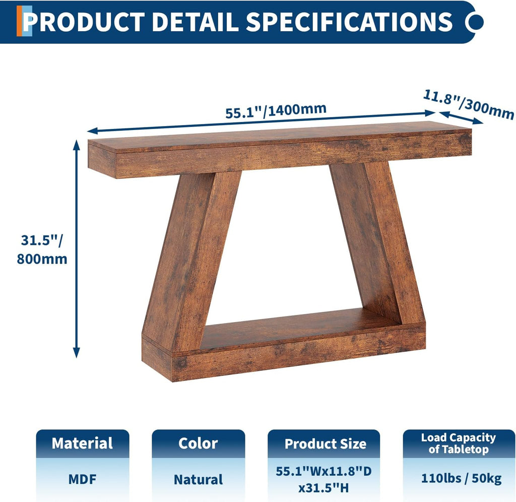 55 Inches Console Table, Sofa Table Behind Couch, 2-Tier Wooden Entry Tables for Entryway Foyer Hallway, Industrial Console Tables with Open Storage Shelf for Living Room
