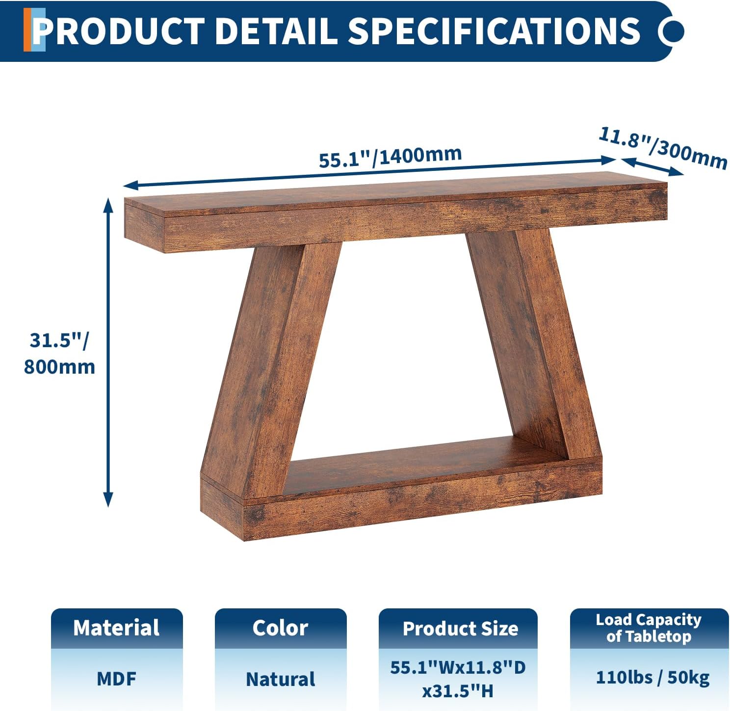 55 Inches Console Table, Sofa Table Behind Couch, 2-Tier Wooden Entry Tables for Entryway Foyer Hallway, Industrial Console Tables with Open Storage Shelf for Living Room