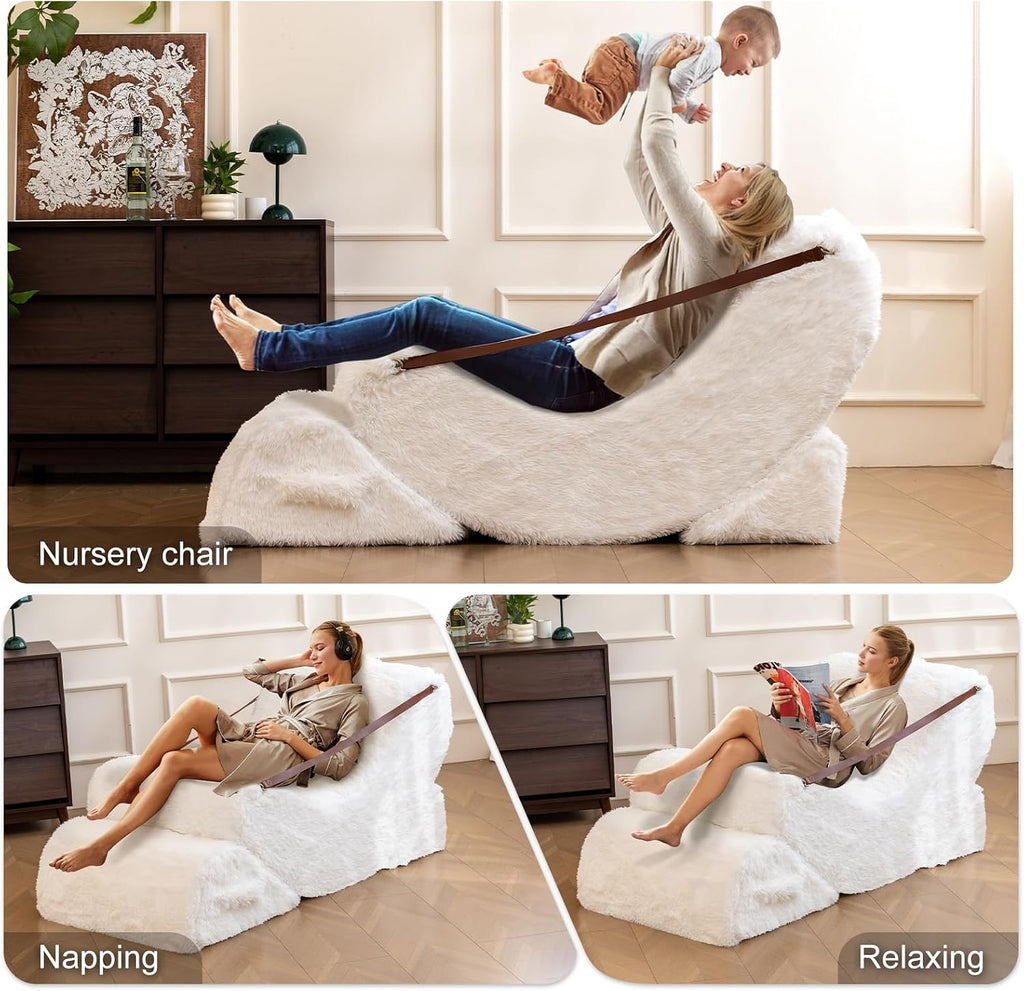 3-in-1 Adjustable Zero Gravity Floor Chair, Oversized Faux Fur Boneless Chair for Adults with Memory Foam & Washable Cover, Silent Rocker Recliner Lounge Chair for Reading, Nursing, Gaming, LightWhite