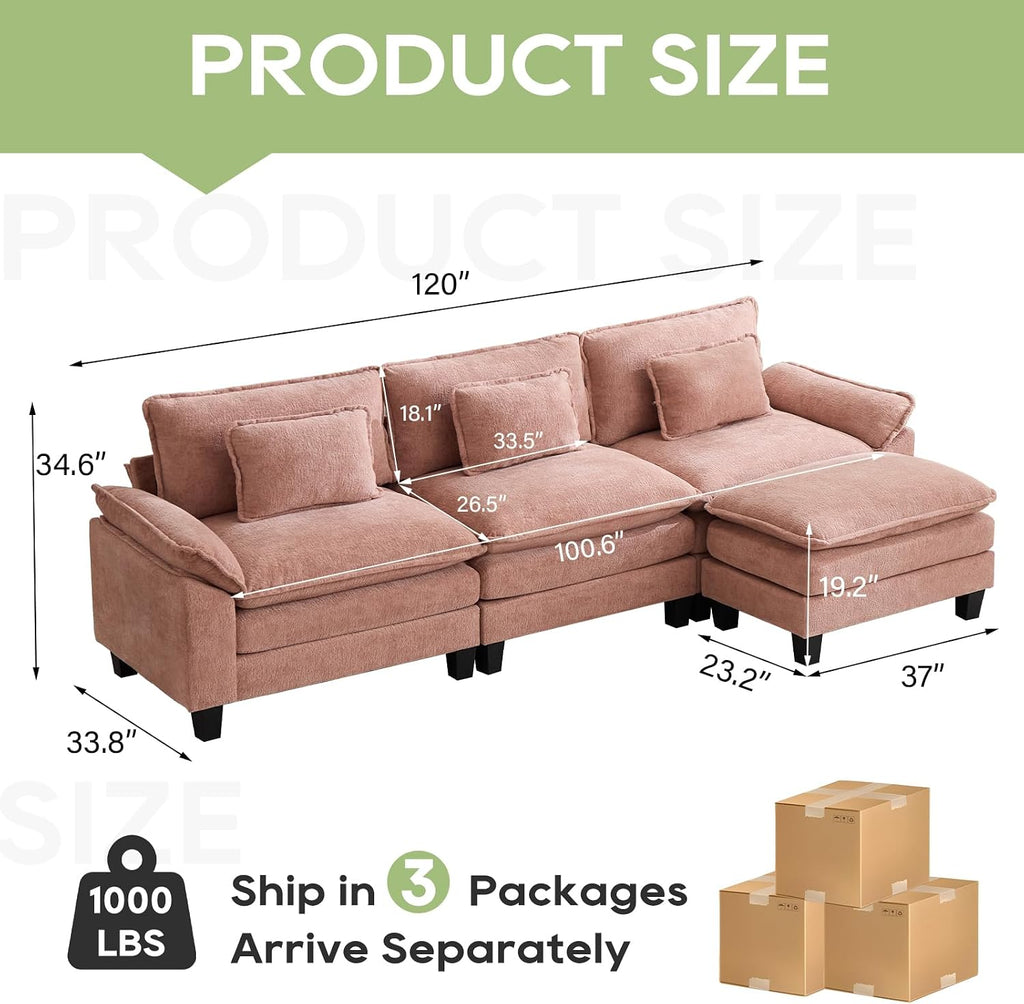 Oprisen 120' Modular Sectional Sofa, Comfy Cloud Couch Sectional Sofa with Ottoman, Chenille Sofa Sleeper Deep Seat Sofa with Throw Pillows for Living Room (Pink, 120'- L Shape)