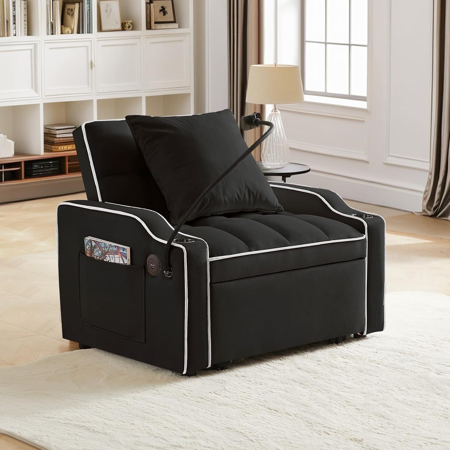 Sleeper Sofa Chair Bed with Charging Ports & Phone Holder & Cup Holder, Modern Velvet 3 in 1 Convertible Pull Out Single Sofa Chair Bed for Small Spaces Apartment, Black