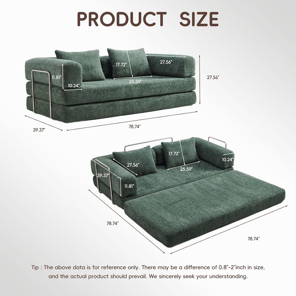 5-in-1 Convertible Folding Sofa Bed, 79' Queen Chenille Boneless Couch with Removable Armrests, No Assembly Loveseat Sleeper Sofa, Modular Futon Couch for Living Room & Bedroom (Emerald Green) | 5-in-1 Convertible