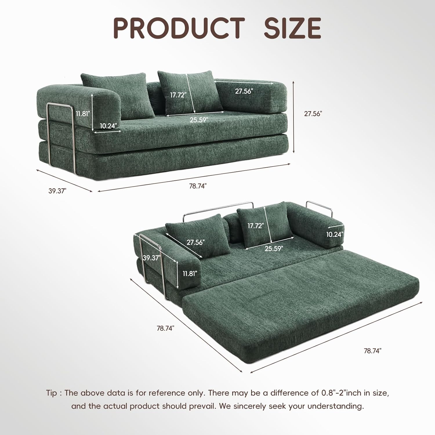 5-in-1 Convertible Folding Sofa Bed, 79' Queen Chenille Boneless Couch with Removable Armrests, No Assembly Loveseat Sleeper Sofa, Modular Futon Couch for Living Room & Bedroom (Emerald Green) | 5-in-1 Convertible