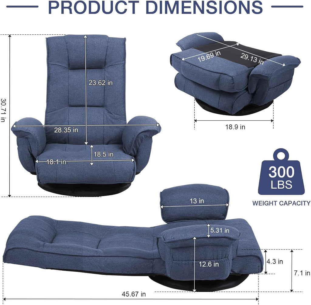 Linen Fabric Ergonomic Gaming Chair, 6-Position Reclining Sofa Bed with Lumbar Support, Foldable Floor Lounger with Thick Cushion, Armrests & Side Pockets for Esports, Reading, Napping (Blue)