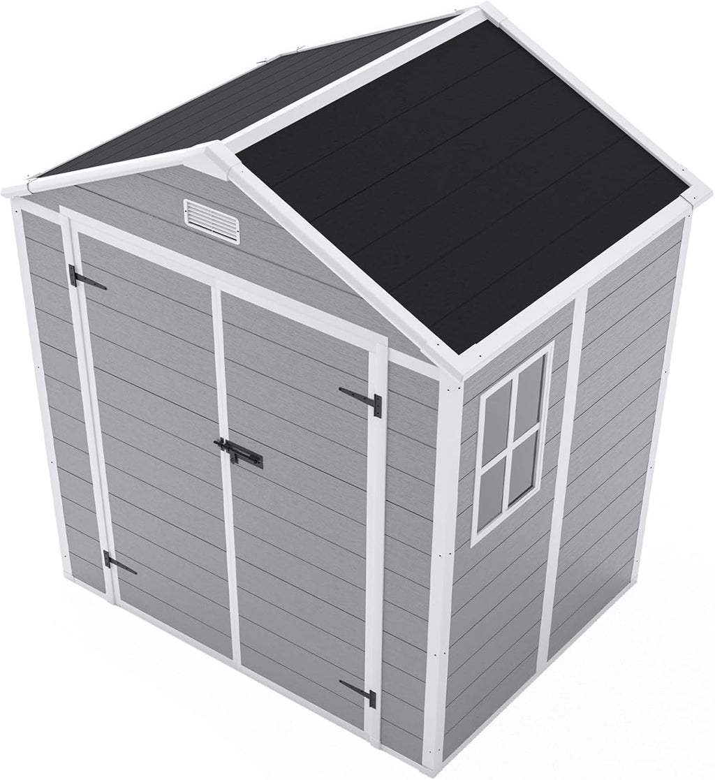 6 x 5 FT Resin Outdoor Storage Shed, Plastic Garden Shed with Floor, Large Storage Space, Lockable Doors & Windows, Plastic Tool Shed, 12mm Thick PP Board (6X5 FT)