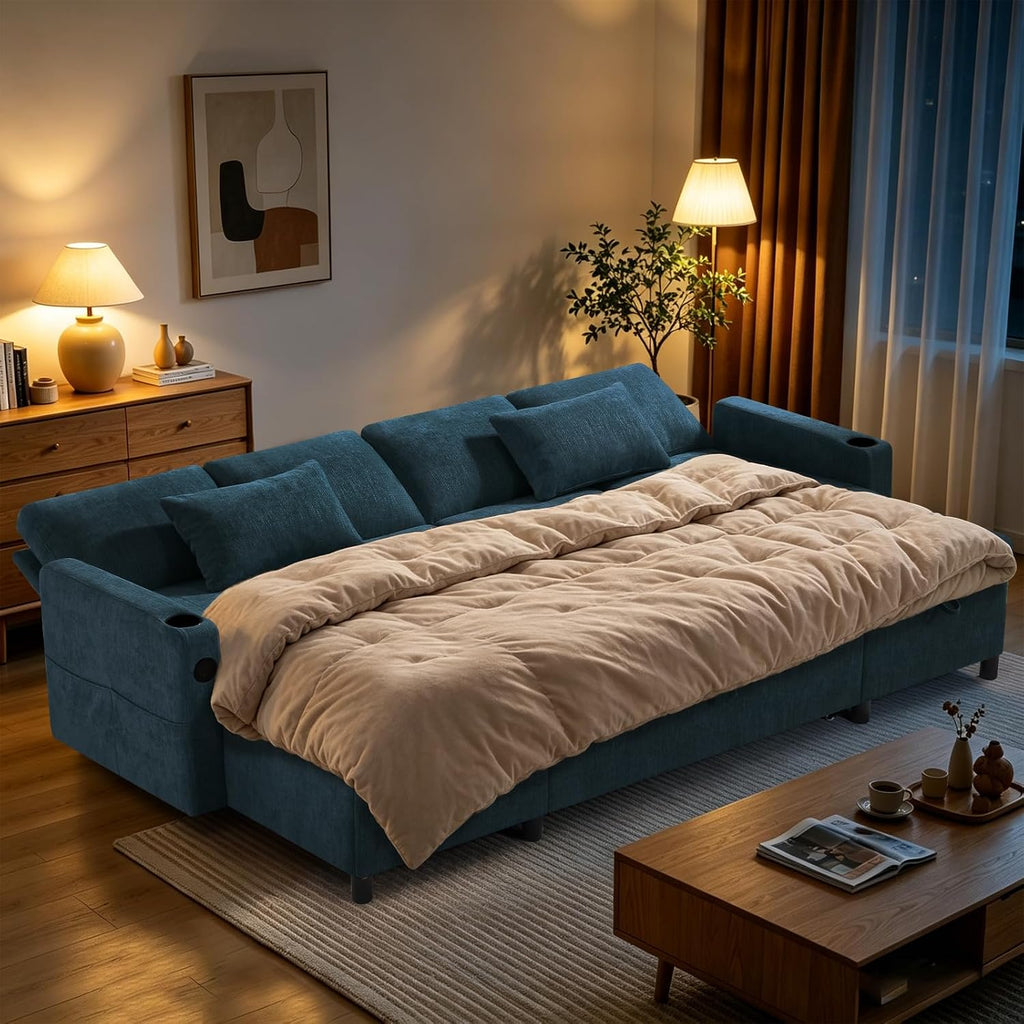 110' Sectional Pull Out Sofa Bed with Adjustable Backrests, U-Shaped Sleeper Sofa with USB Ports, Upholstered Reversible Couch with Cup Holder & Storage Space for Living Room, House, Blue