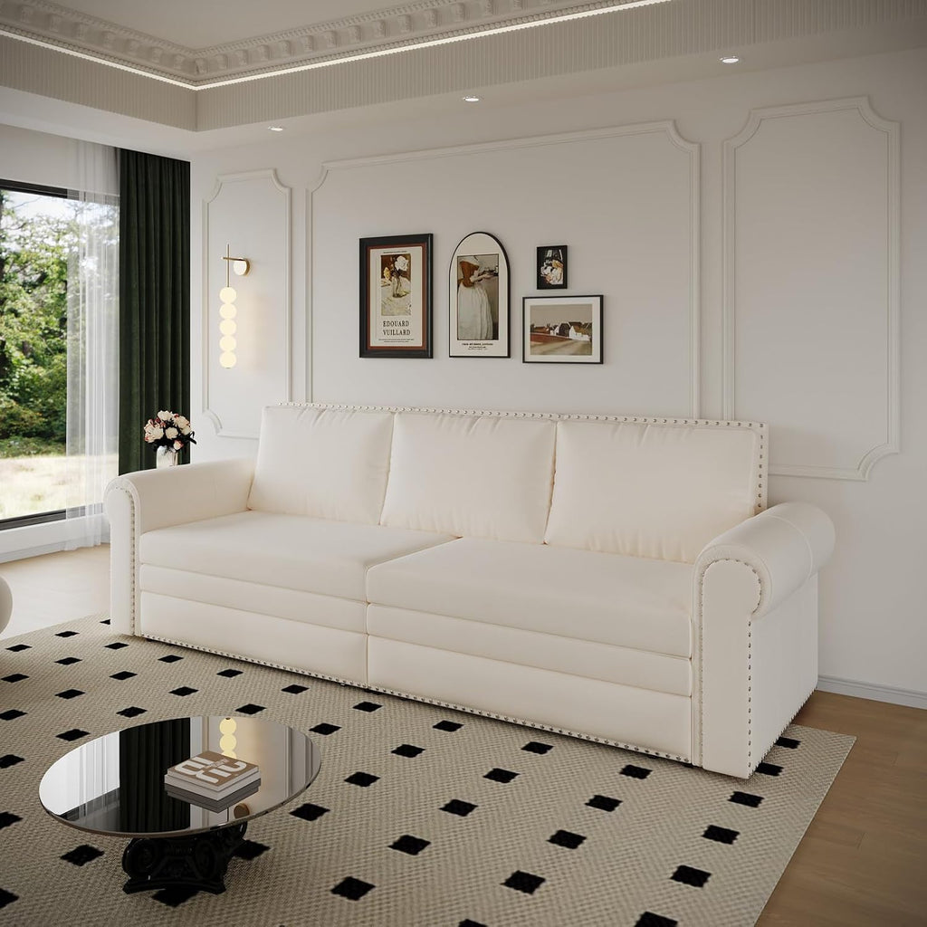 3 in 1 Convertible Sleeper Sofa Bed, 93.7' King Size Sofa Sleeper with Pull Out Bed, Velvet Folding Loveseat Sofa 3-Seater with Deep Seat, Nailhead Trim & Rolled Arm for Living Room (Beige)