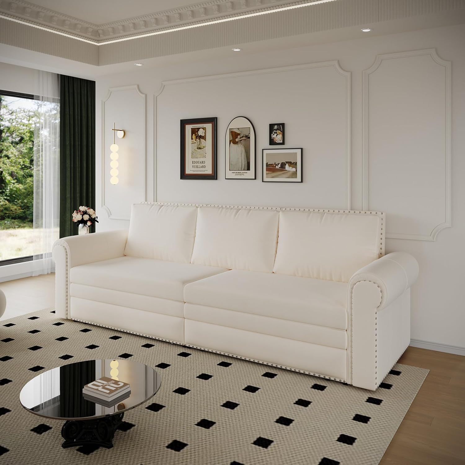 3 in 1 Convertible Sleeper Sofa Bed, 93.7' King Size Sofa Sleeper with Pull Out Bed, Velvet Folding Loveseat Sofa 3-Seater with Deep Seat, Nailhead Trim & Rolled Arm for Living Room (Beige)