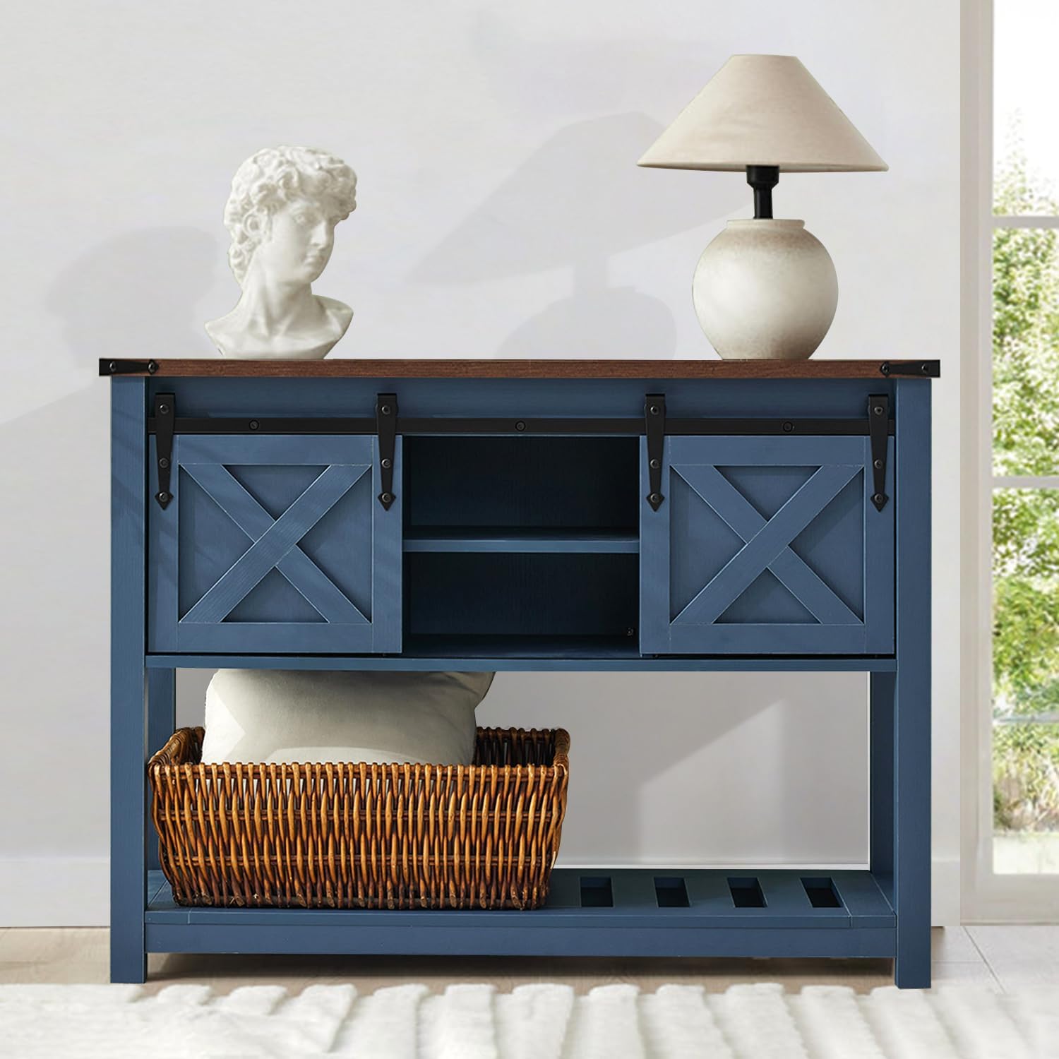 Farmhouse Entryway Table Set of 3, Console Table with Storage and 2 End Tables, Rustic Sofa Table Set for Living Room, Hallway, Bedroom, Blue