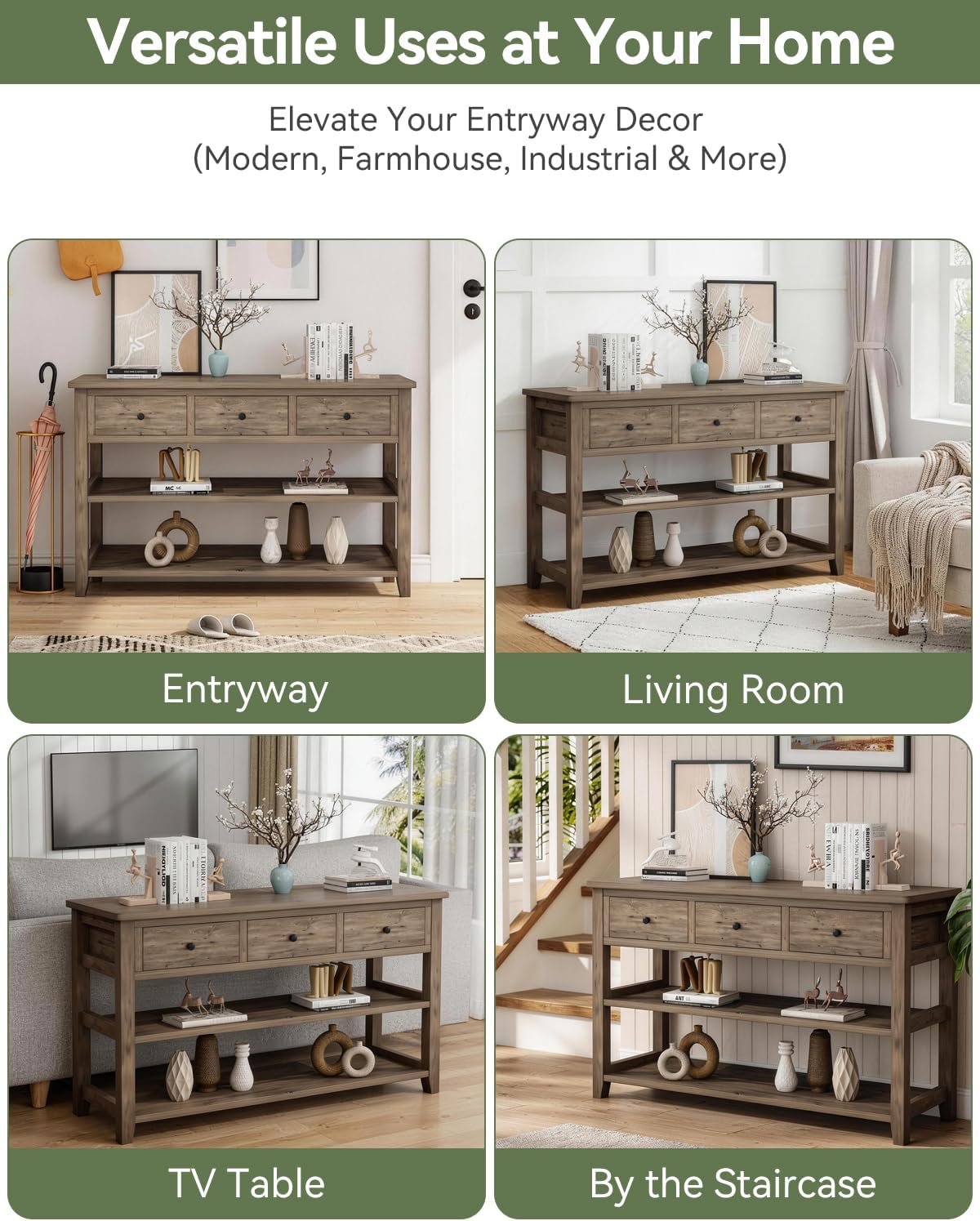 Karl home Console Table with 3 Drawers, 47' Farmhouse Wash Grey Entryway Sofa Table with Silent Slide Rails & Anti-Fall Guardrails for Hallway, Living Room, Foyer, Office