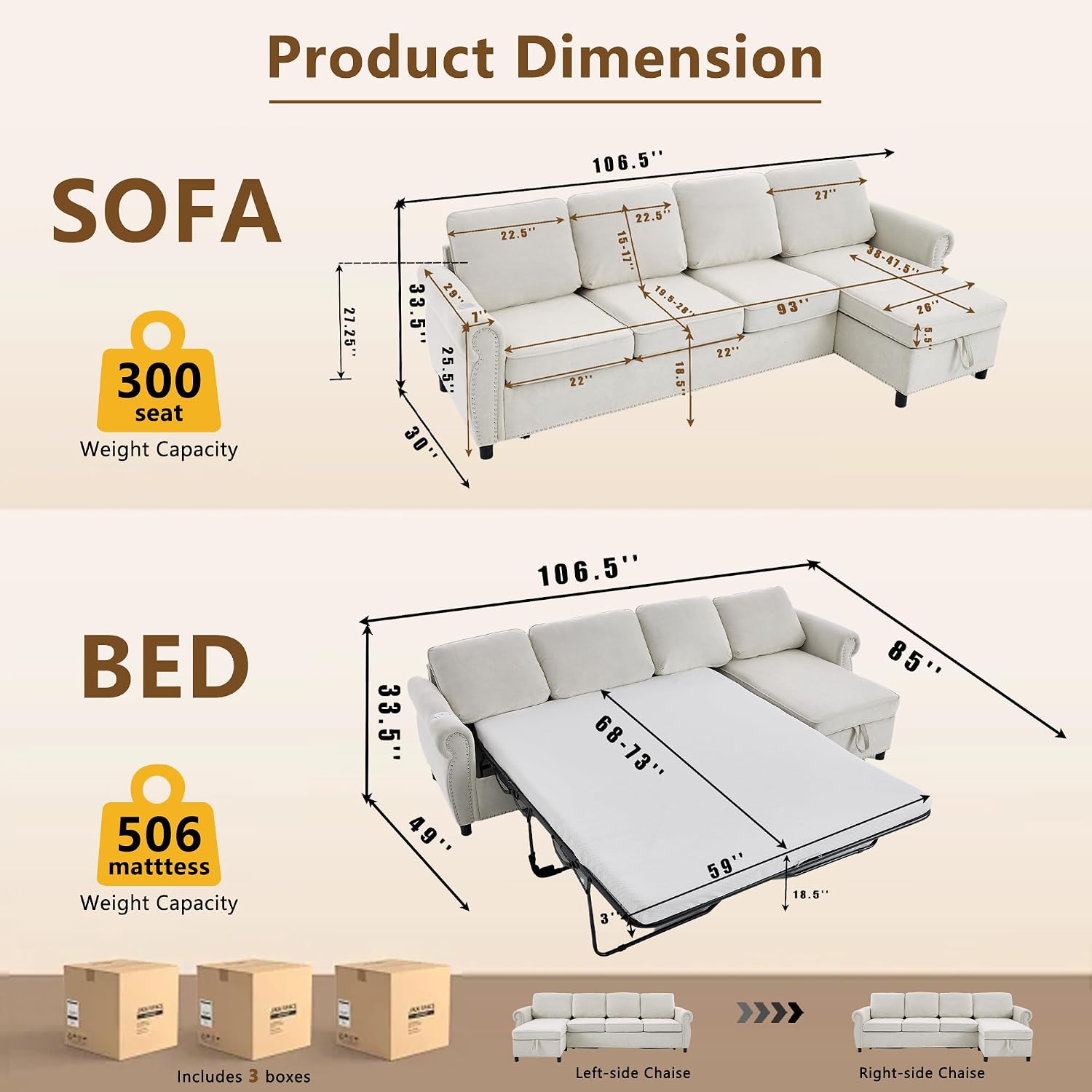106.5'' Sectional Sofa Bed Full, Sleeper Sofa Bed, Flannel L-Shaped Couch with Mattress, Convertible Pull Out Couch, Wireless Charging, USB, Storage Chaise for Living Room, Small Space, Beige