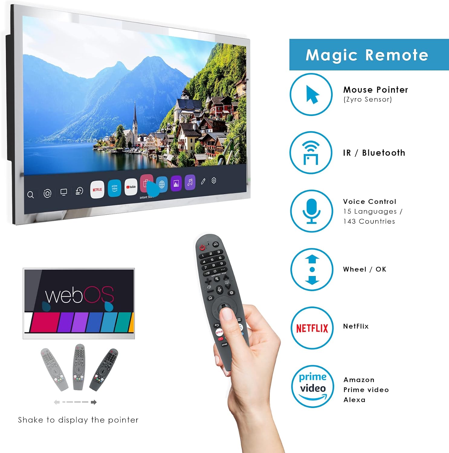 Soulaca 22 (21.5) inches Smart Mirror webOS TV in Bathroom Shower Waterproof IP65 HDTV ATSC DTV Tuner Wi-Fi & Bluetooth with Voice Control