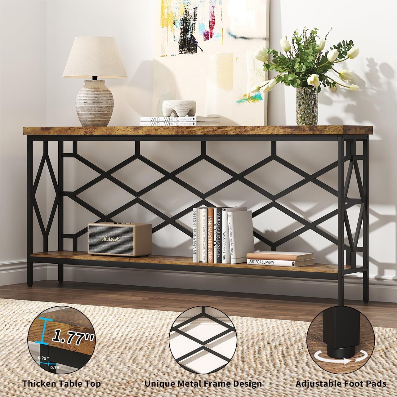 karlott 71' Extra Long Entryway Table, Narrow Console Table, Industrial Sofa Behind Couch Table with Open Storage Shelf, Hallway Table for Entryway, Living Room, Foyer, Entrance, Unique Design, Brown