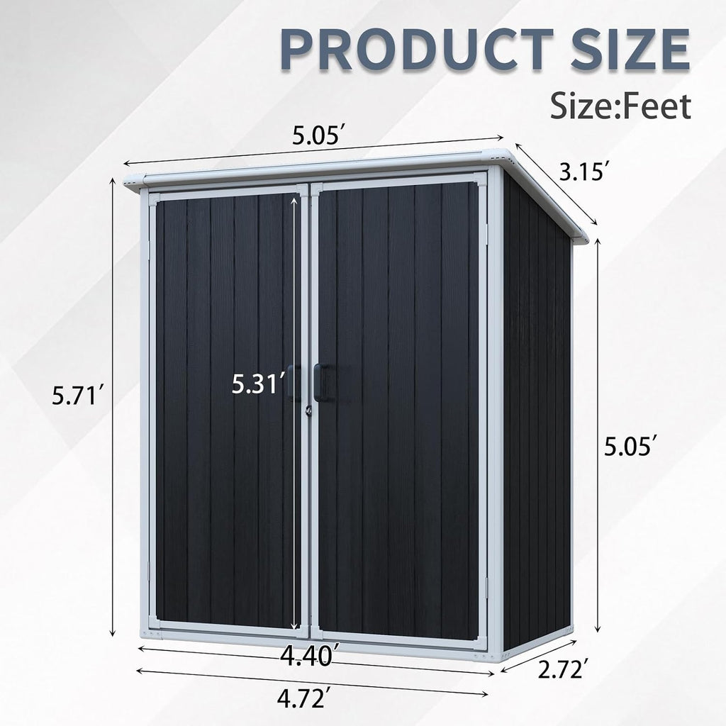 5x3 Resin Outdoor Storage Shed with Floor, Vertical Plastic Storage Cabinet with Lockable Doors, All-Weather Garden Tool Shed for Bikes and Patio Furniture (Black)