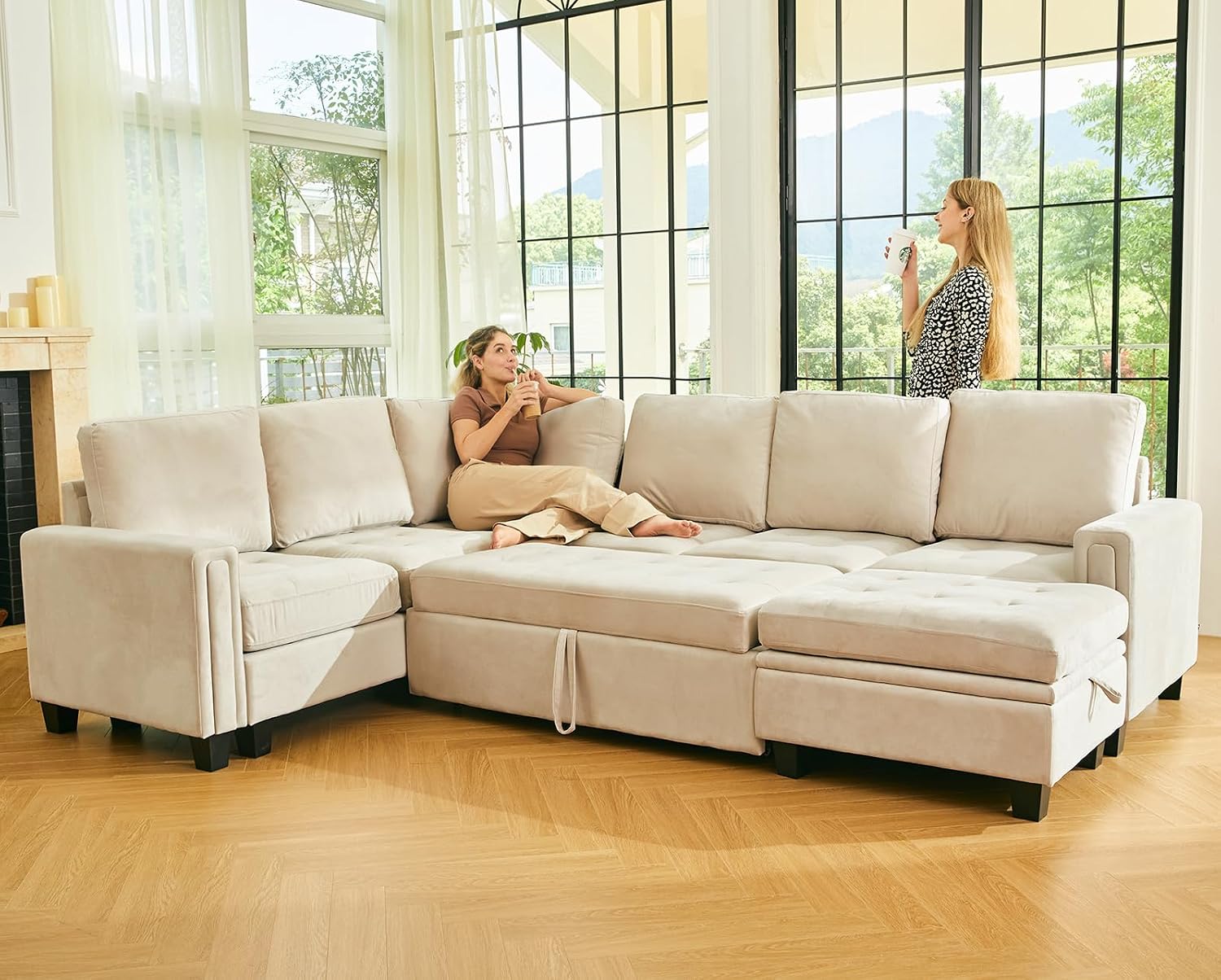 Belffin Modular Sectional Sleeper Sofa with Pull Out Bed U Shaped Sectional Sofa Couch with Storage Ottoman Velvet Covertible 7-Seater Sofa for Living Room Beige