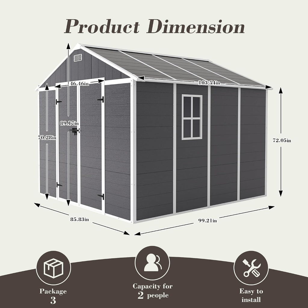 Campcraft 6x6ft Outdoor Storage Shed, Heavy-Duty Resin Plastic Garden Shed with HD Window, Waterproof UV-Resistant Tool Shed for Backyard, Patio & Lawn Equipment 12mm Thick PP Walls (8 x 8 ft)