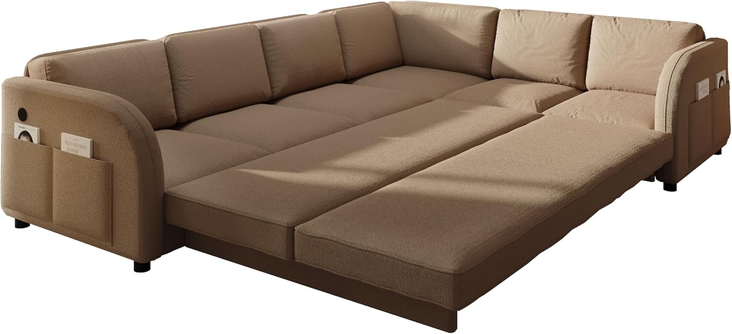 115.2'' Pull Out Couch Bed King Size, Convertible Sleeper Sofa, Oversized 6-Seater L-Shaped Couches with Side Pockets, USB, Teddy Reversible Sectional Sofa for Living Room, Apartment, Brown