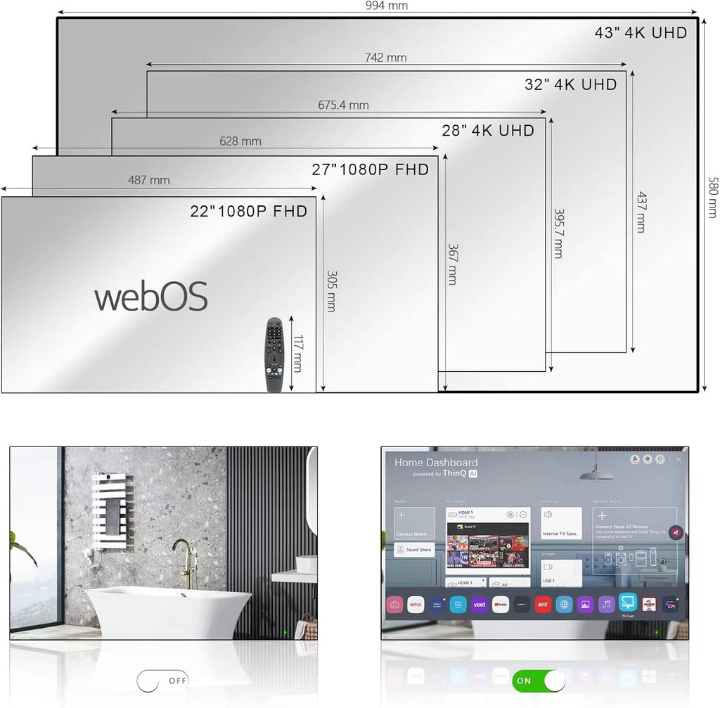 Soulaca 24 (23.8) inches Waterproof Bathroom Smart Mirror TV webOS with Built-in Voice Control Wi-Fi Bluetooth ATSC DTV Tuner Kitchen SPA Resort Hotel