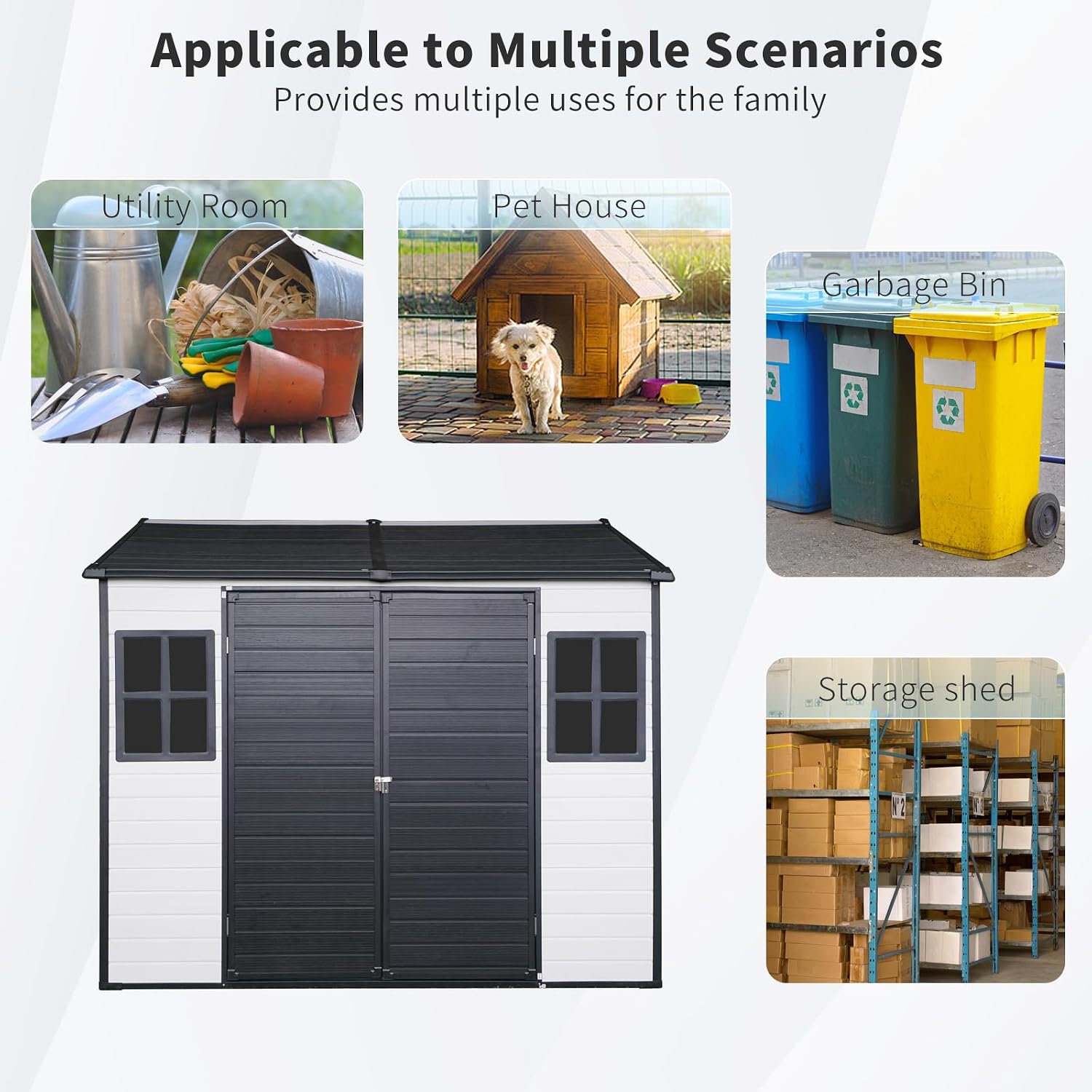 8x6FT Storage-Shed Outdoor-Resin with-Floor - Tool Shed Waterproof with Lockable Door 2 Windows for Backyard Garden Patio Lawn