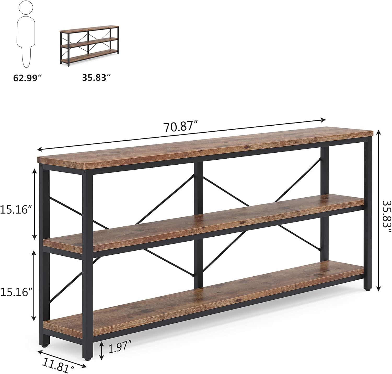 Tribesigns 71' Sofa Tables Extra Long Couch Table, Narrow Long Console Table, Entryway Table,Sofa Table with 3 Tiers Storage Shelves (Rustic Brown)