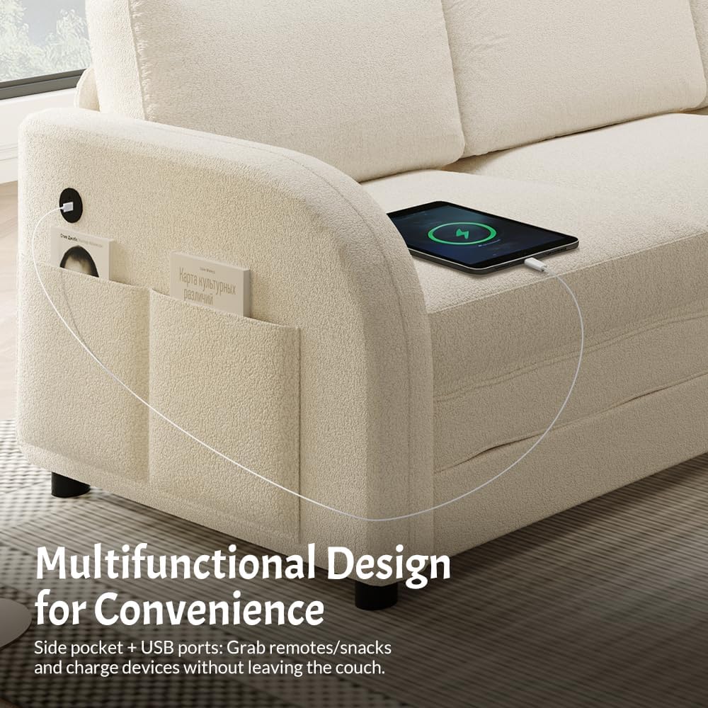 85.1'' Pull Out Couch Bed King Size, Convertible Sleeper Sofa, Upholstered 4-Seater L-Shaped Couch with Side Pockets, USB, 3 Pillows, Teddy Sectional Couches for Living Room, Apartment, Beige