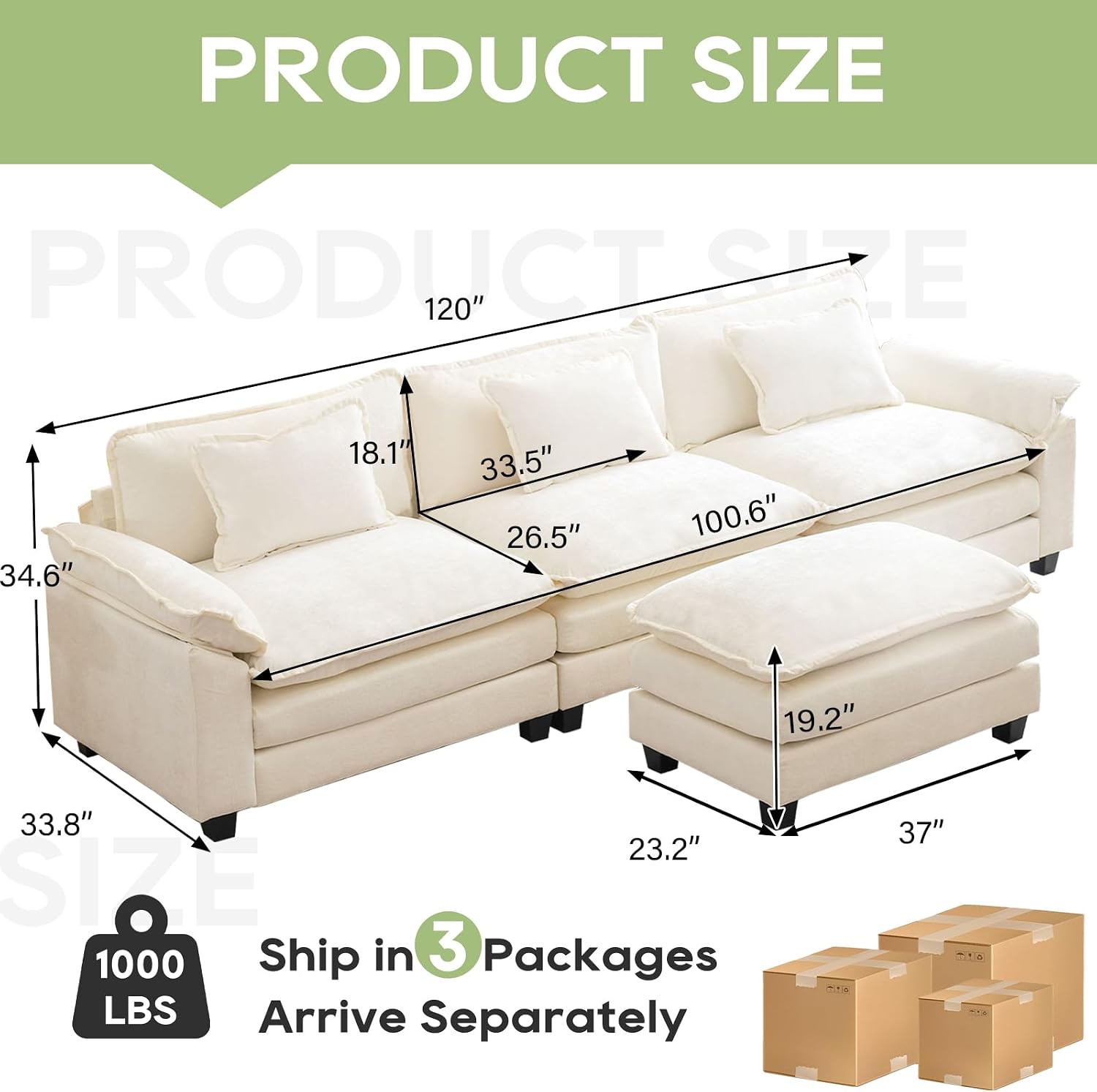 Oprisen 120' Modular Sectional Sofa, Comfy Cloud Couch Sectional Sofa with Ottoman, Chenille Sofa Sleeper Deep Seat Sofa with Throw Pillows for Living Room (Beige White, 120'- L Shape)