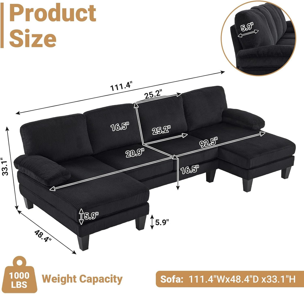 VINGLI 110' Sectional Couches for Living Room,U Shaped Couch with Double Chaise, 4-Seat Sofa Set with Corduroy Fabric for Home Furniture,Black