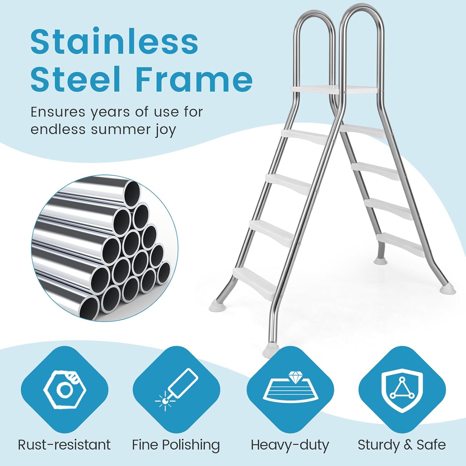 Goplus 4-Step Steel Frame Above Ground Swimming Pool Ladder for 55' Pool Wall Heights, Double-Sided Entry & Exit Ladder w/Non-Slip Steps, Top Platform, Rotating Foot Pads