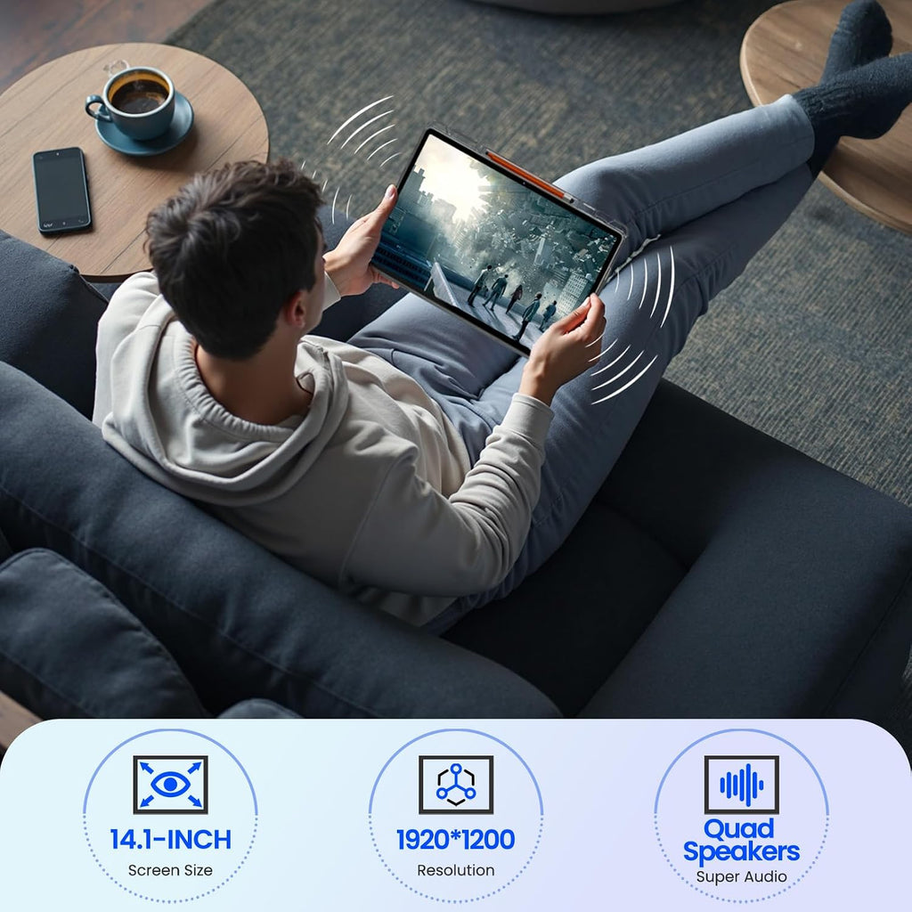 14 inch Large Screen Tablet, Android Tablet 16GB RAM 256GB ROM, 1920 * 1200 IPS FHD Display, Widevine L1, 10000mAh 18W Charging, Wi-Fi & Bluetooth, 4G LTE, with Stand Case & Stylus