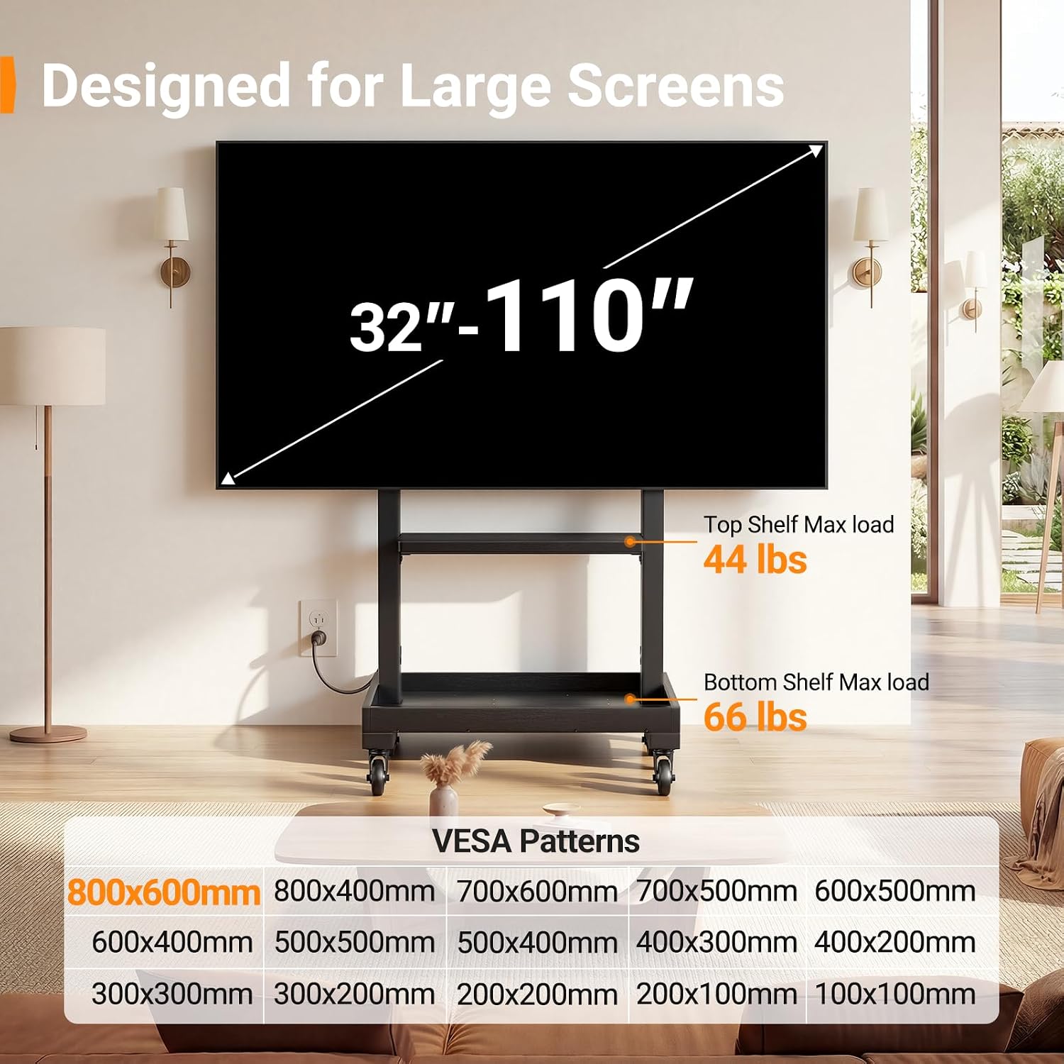 Perlegear Rolling TV Stand for 32'-110' TVs up to 250 lbs, Outdoor TV Stand with Large Wheels, Handle & Power Outlet, Height Adjustable Mobile TV Cart with Wood Shelf, Max VESA 800x600mm, PGTVMC24B