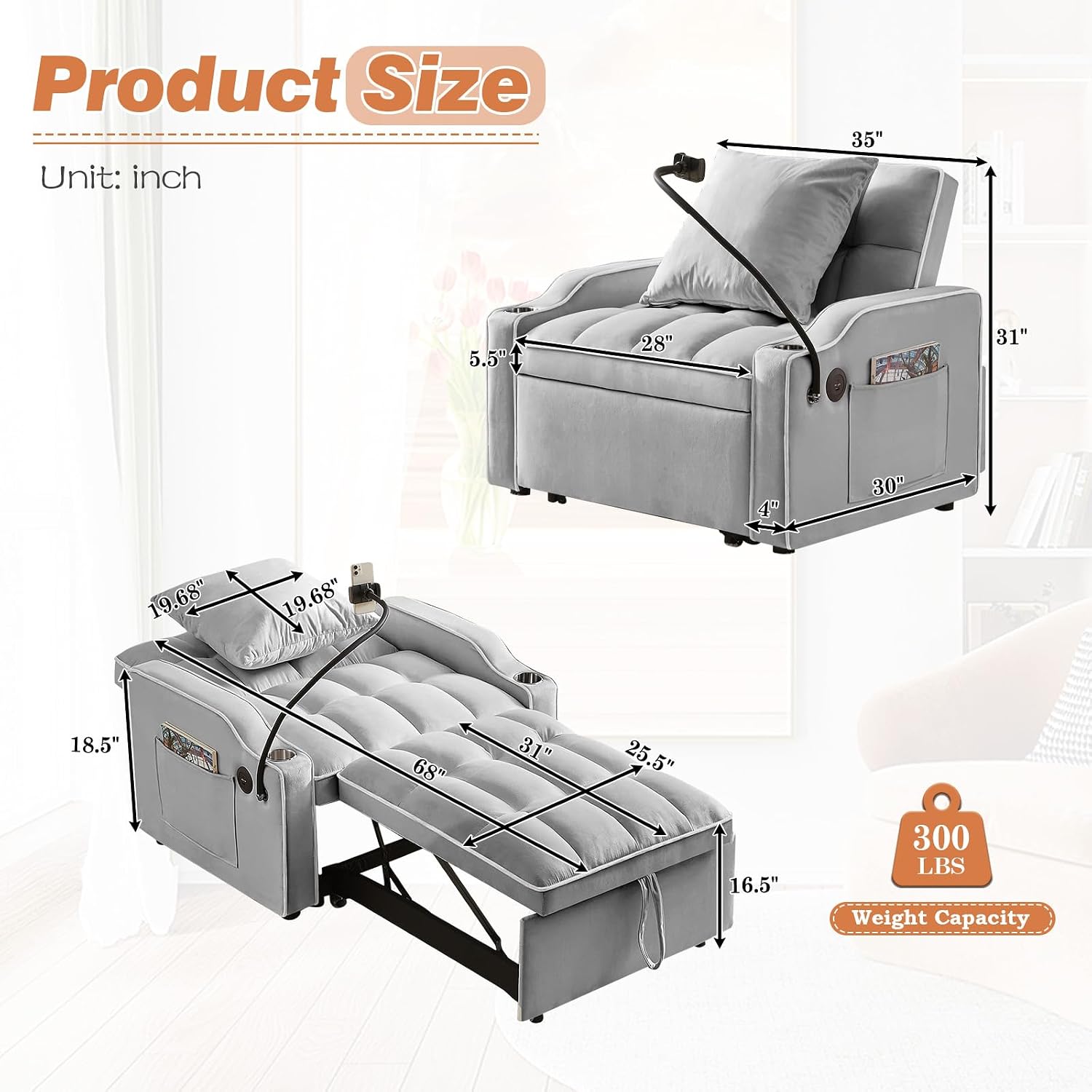 Antetek Sleeper Sofa Chair Bed with Charging Ports & Phone Holder & Cup Holder, Modern Velvet 3 in 1 Convertible Pull Out Single Sofa Chair Bed for Small Spaces Apartment, Light Grey