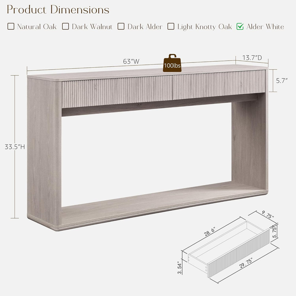 OKD 63' Fluted Console Table for Entryway, Modern Entryway Table with 2 Large Drawers, Long Sofa Table Behind Couch for Living Room, Hallway, Couch, Foyer，Alder White