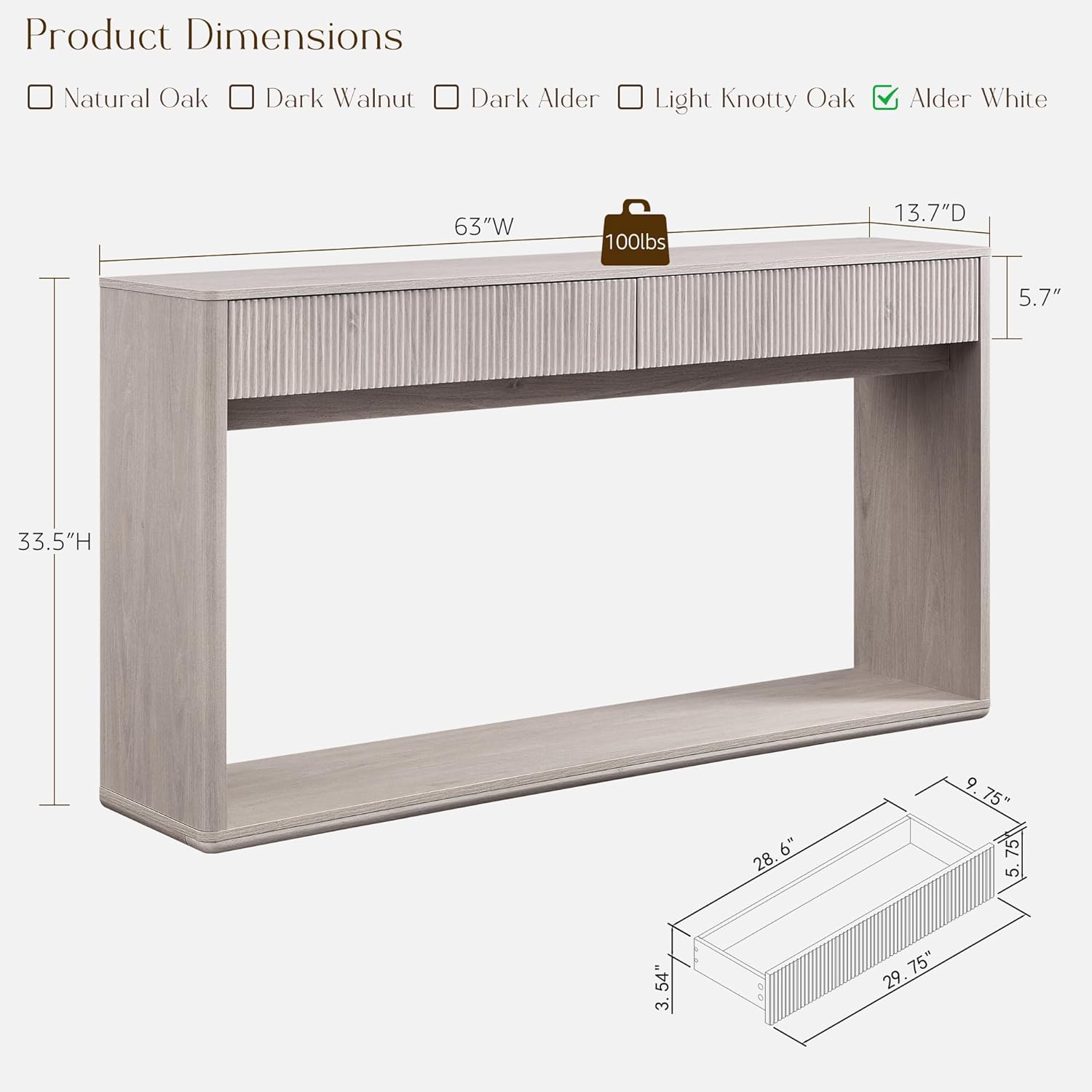 OKD 63' Fluted Console Table for Entryway, Modern Entryway Table with 2 Large Drawers, Long Sofa Table Behind Couch for Living Room, Hallway, Couch, Foyer，Alder White
