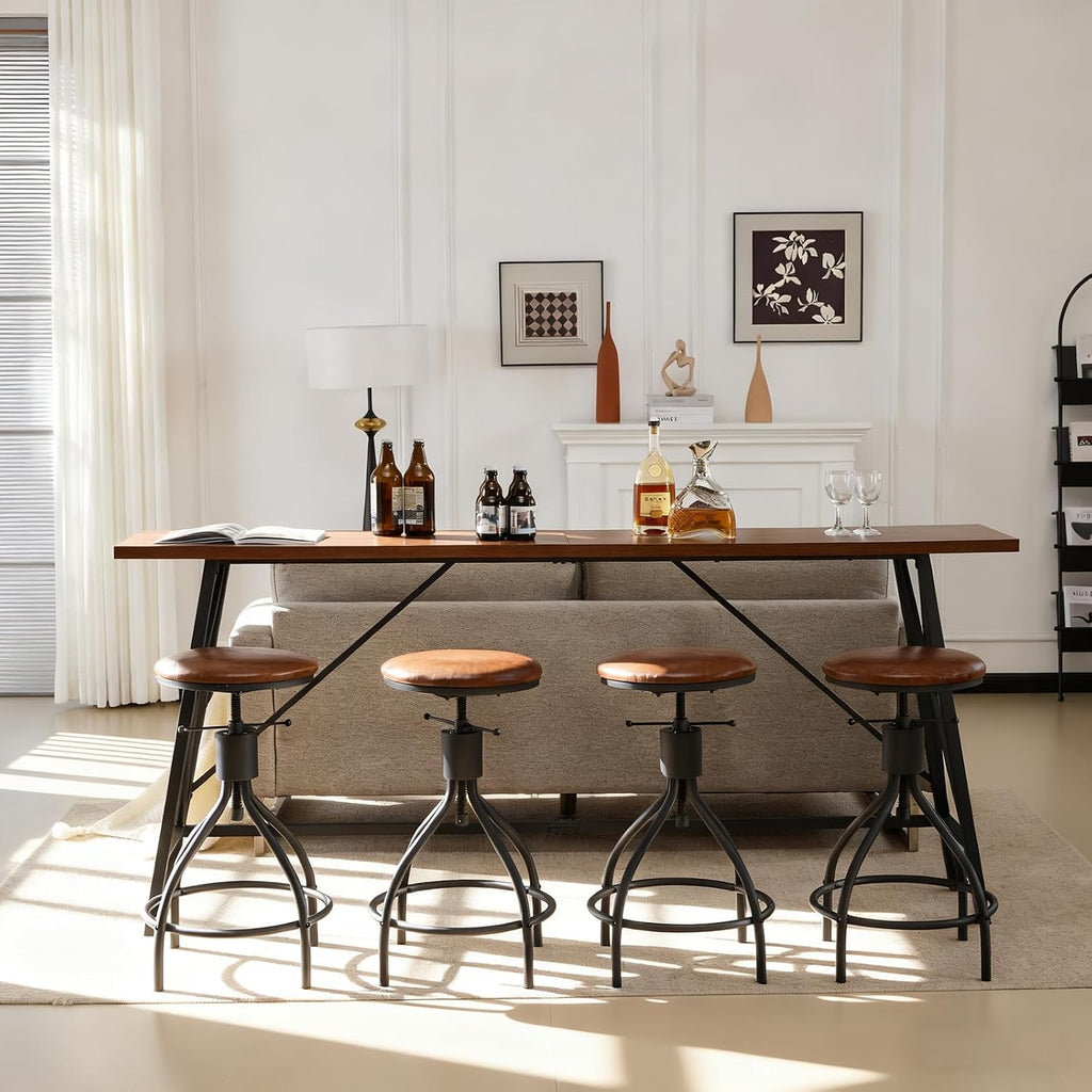 Karl home 83.8' Bar Table and Chairs Set, Sofa Table with 4 PU Stools, High Top Counter Height Table with Chairs for Kitchen Breakfast, Bistro, Dining Room, Living Room, Brown