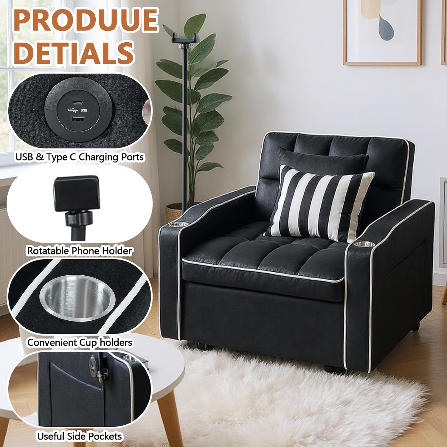 Majnesvon Modern Velvet Fabric Sofa Bed Futon,3 in 1 Convertible Pullout Bed Couches with 3 Reclining Backrests,Phone Stand,Small Sofa Single Sleeper Chair Bed for Living Room Bedroom (Black)