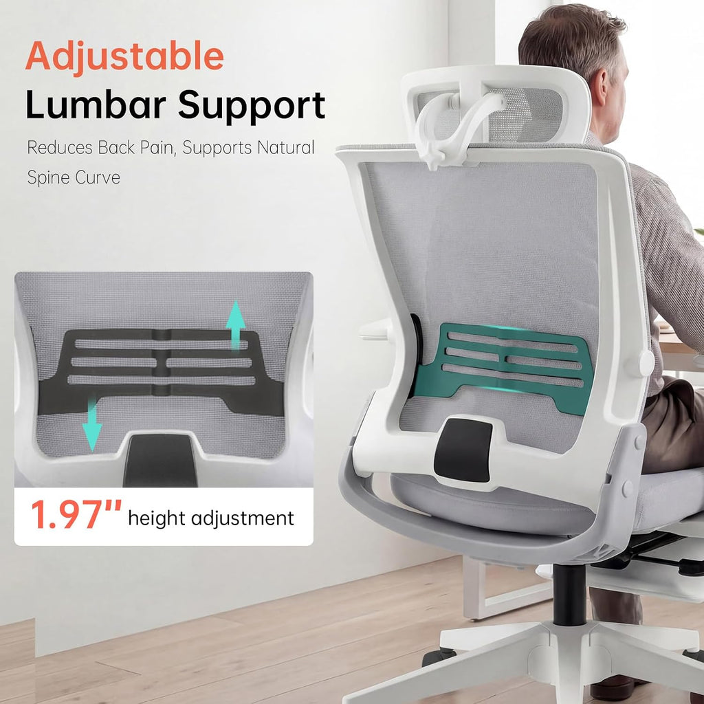 Foldable Office Chair with Foot Rest, Ergonomic Office Chair with Adjustable Lumbar Support, Headrest, Armrest, Home Office Desk Chairs for Space Saving, Grey