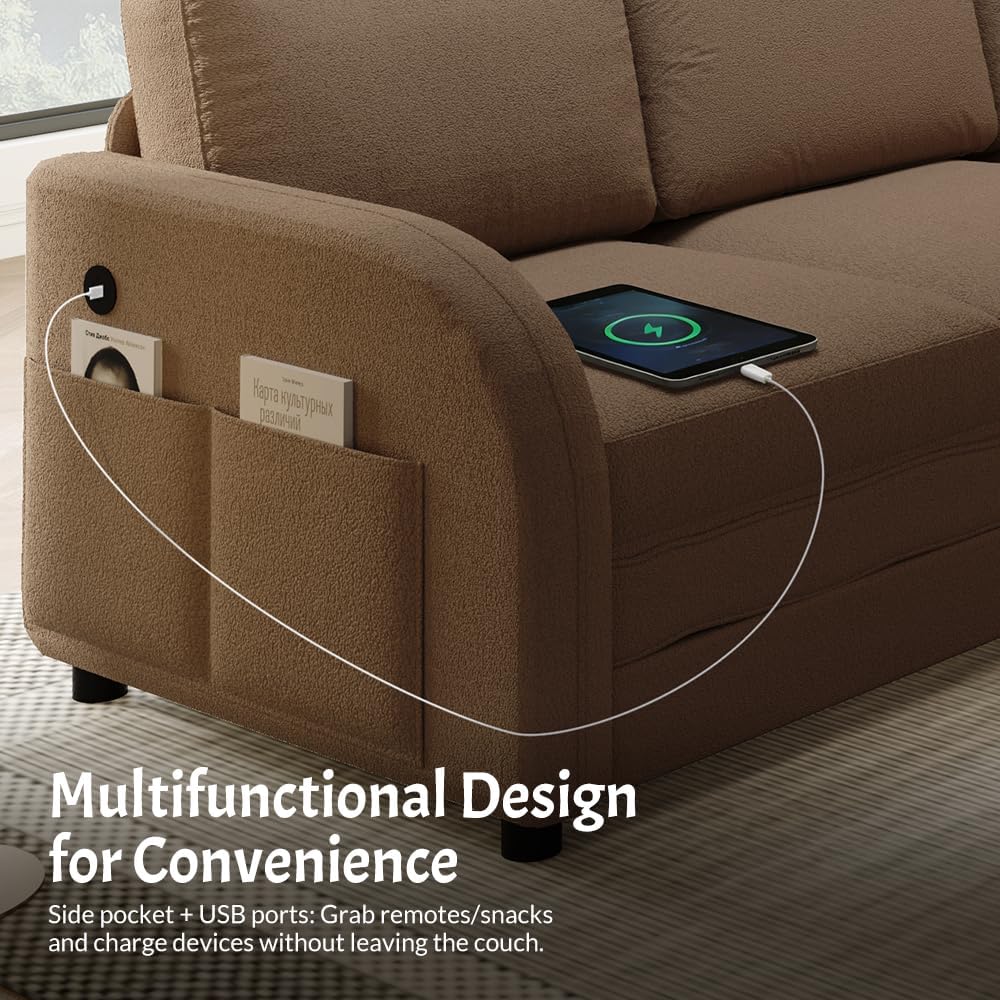 Queen Size Sleeper Sofas Convertible Couches, L Shaped Sectional Couch with Pull Out Bed, Upholstered 5-Seat Modular Sectional Sofa with Convert Left/Right Facing and USB Port for Living Room