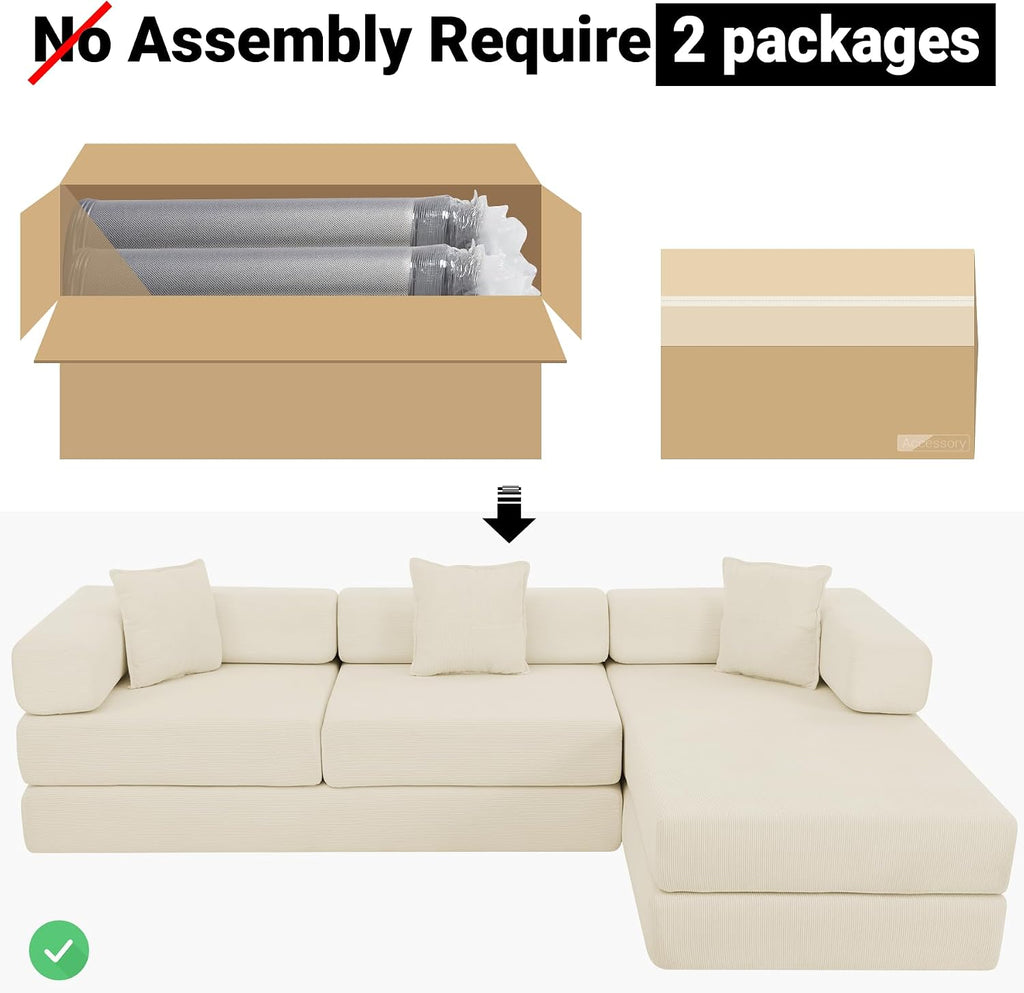 ivoros 108' Oversized Convertible Sleeper Sofa Bed, Corduroy L Shape Sectional Couch, Folding Sofa Bed with Fixed-Shape Frame, Modern Cloud Floor Mattress Couch, Modular Sofa for Living Room, Beige