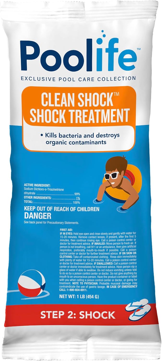 Poolife Clean Shock - Shock Pool Treatment - Fast Dissolving Pool Chlorine Granules, Kills Bacteria & Algae, Water Balance Friendly, UV Degradation Resistant Formula - 1 Lb (12 Bags)
