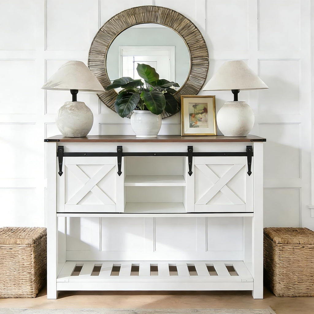 Farmhouse Entryway Table with Sliding Barn Doors, Wood Console Table with Storage Shelf, Rustic Sofa Table for Living Room, Entryway, Foyer, White